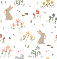 Olive grass tufts and peach daisies repeat on Sweet Meadow Bunnies wallpaper