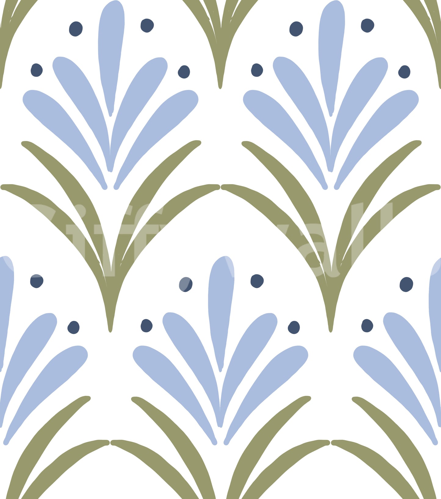 Olive leaf curves framing blue petals in Art Deco Floral wallpaper