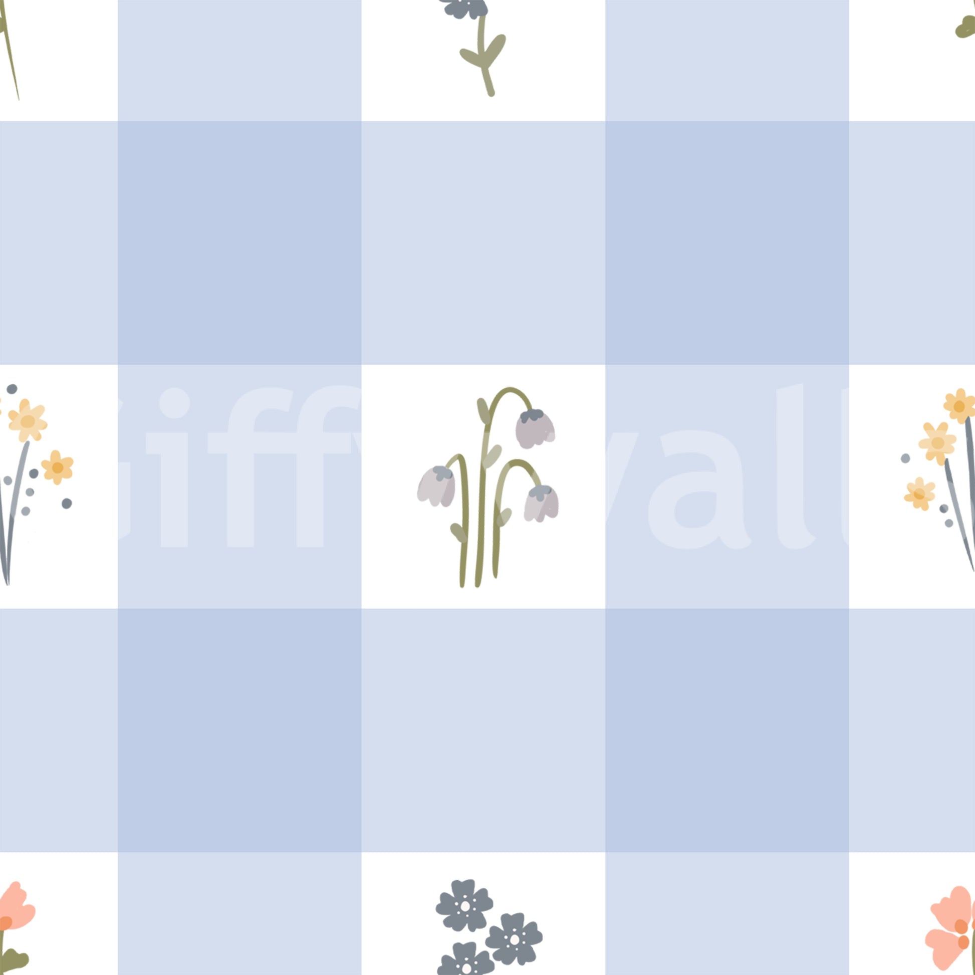 Forget-me-not bunch placed on white ground of Floral Gingham wallpaper