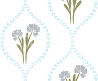 Sage leaves and grey-blue petals make up the Cornflowers wallpaper motif