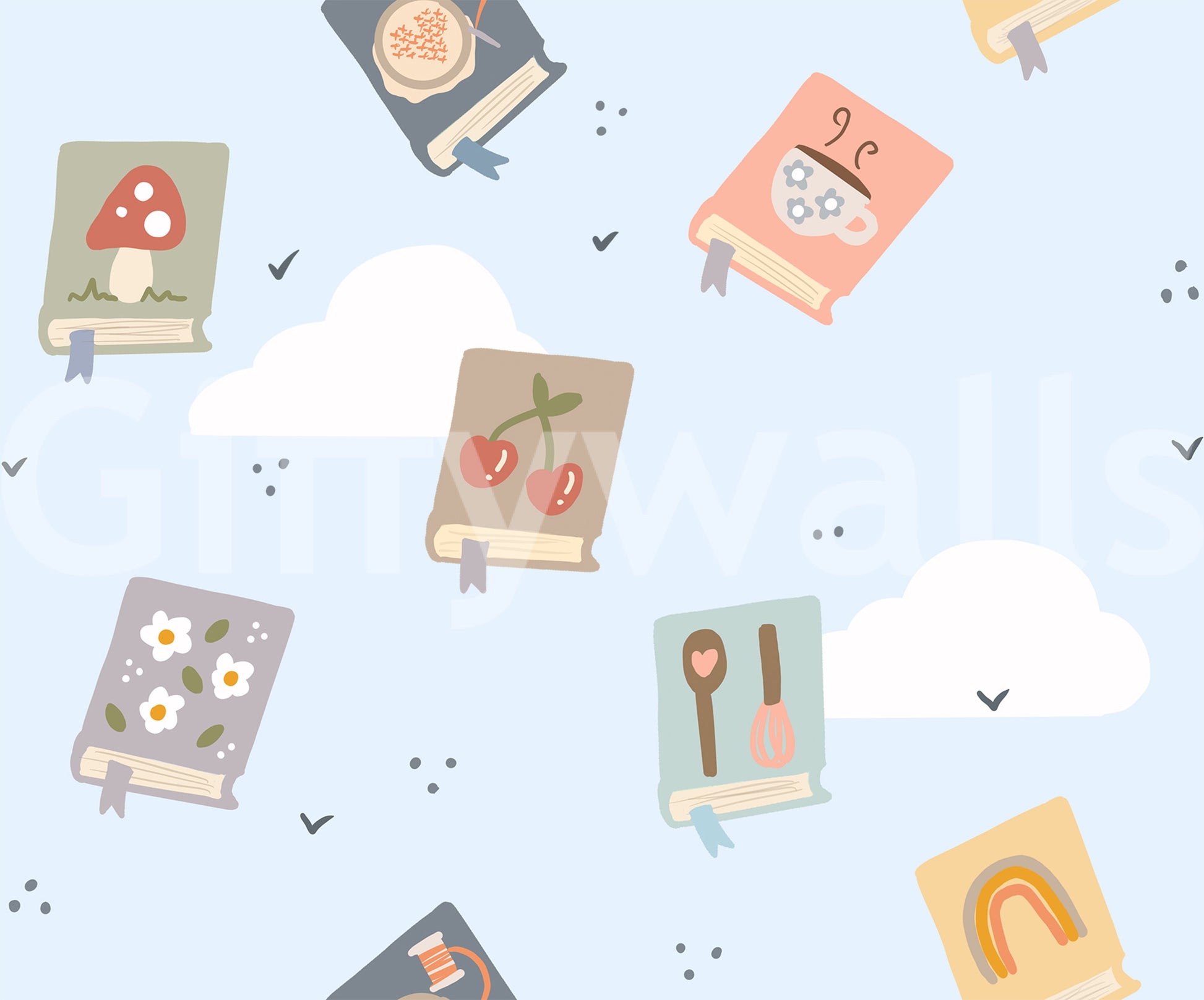 books with picture covers scatter across the Book Lovers Dreams wallpaper sky.