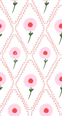 Coordinated pink, red and green palette featured in Cottage Roses Wallpaper