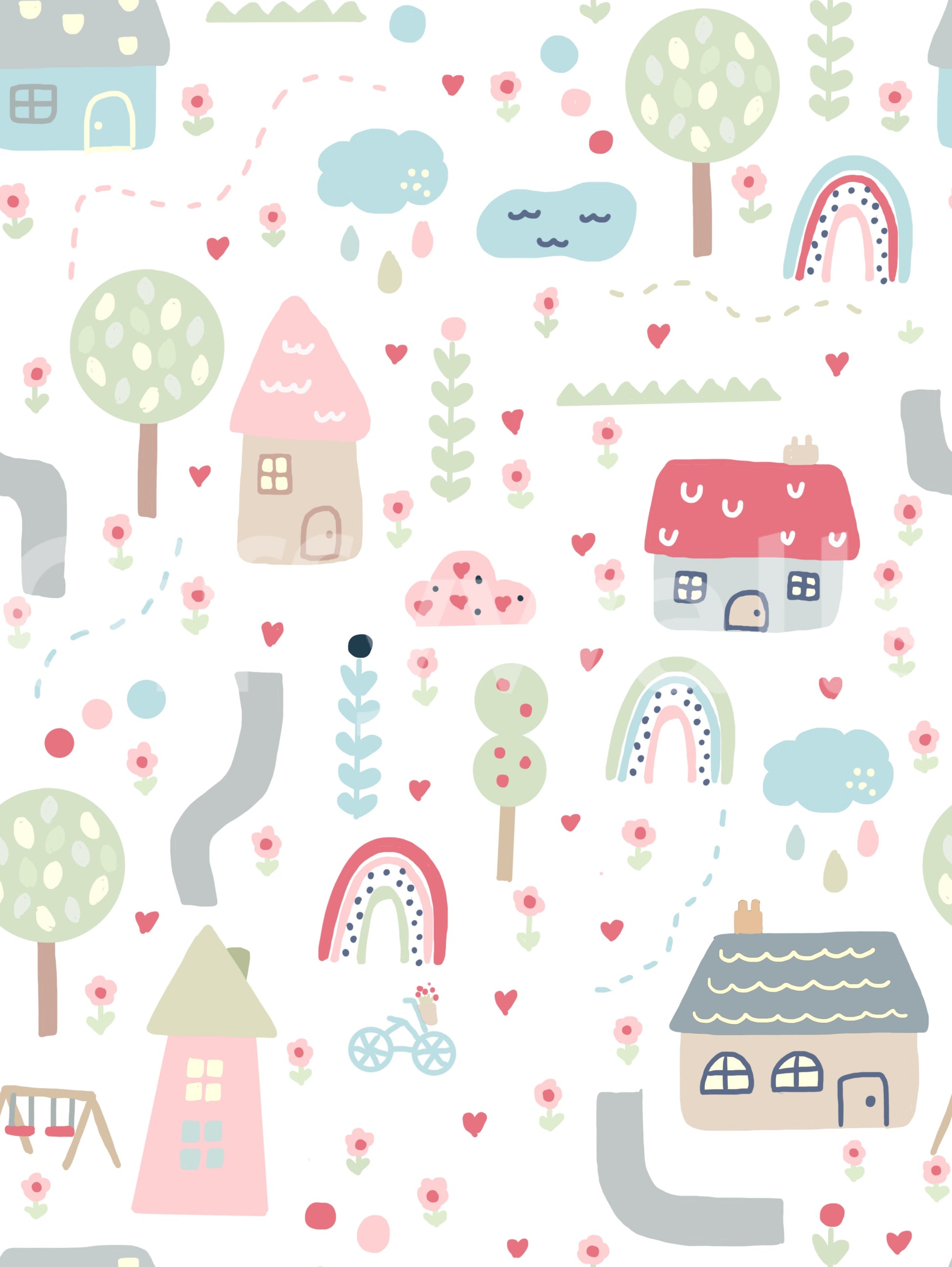 Repeating cottages, clouds, and rainbows form the Baby Village wallpaper layout