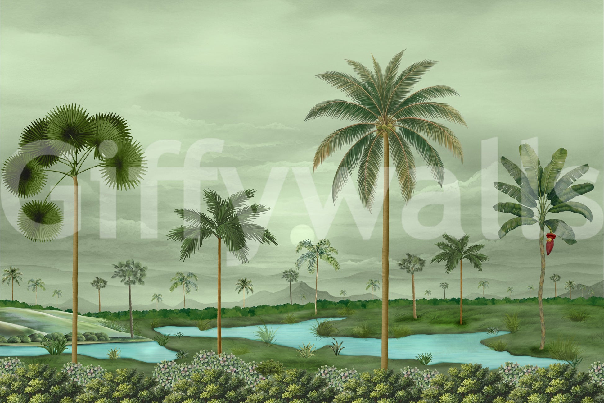 Lush River Palms mural showing soft clouds, distant hills, and riverbanks