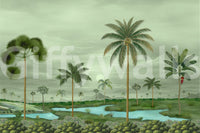 Lush River Palms mural showing soft clouds, distant hills, and riverbanks