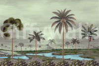Tropical Serenity mural showing tall palms and a calm riverbank panorama
