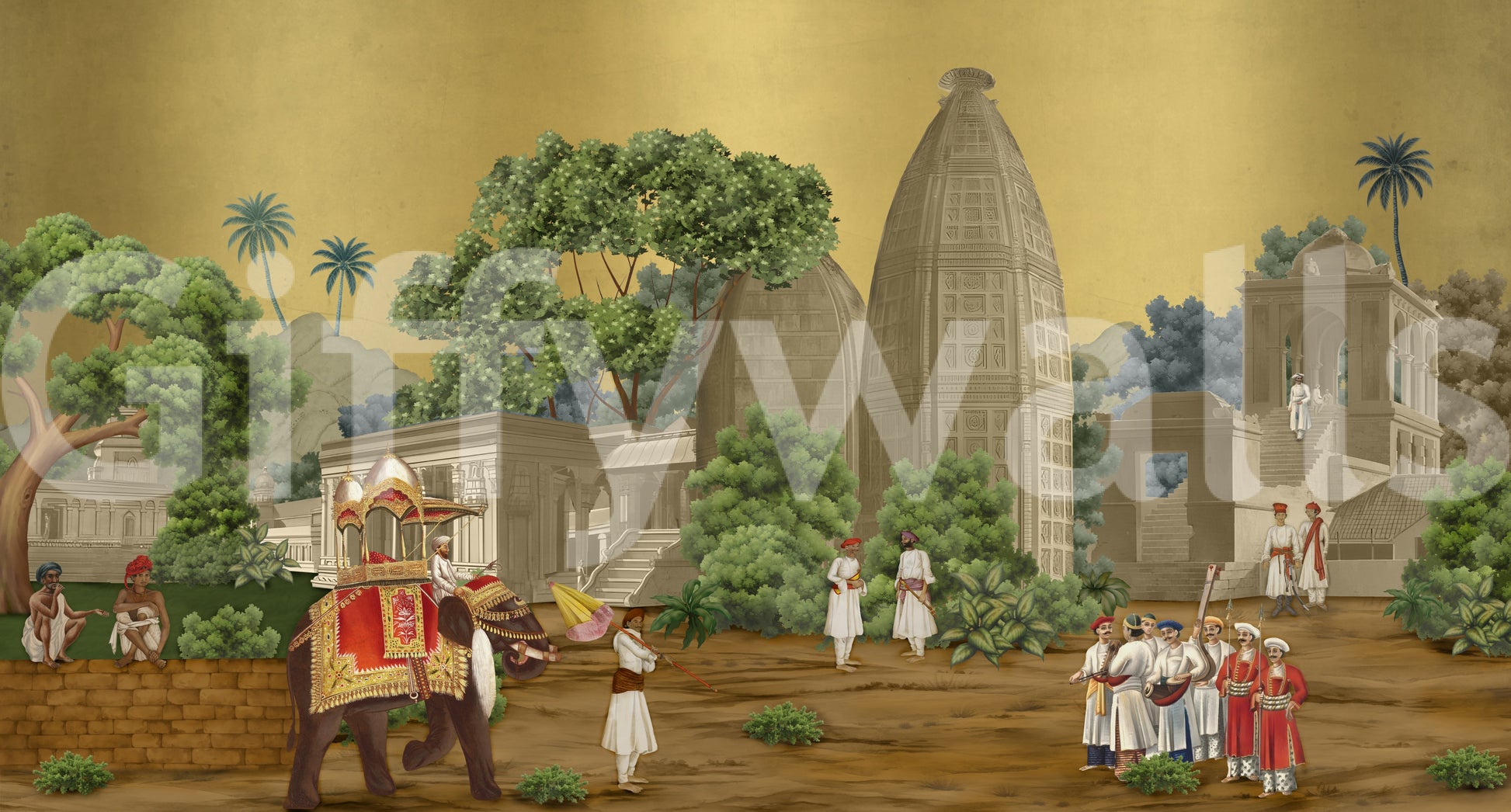 Dense green canopies frame historical architecture on this unique Procession wall mural.