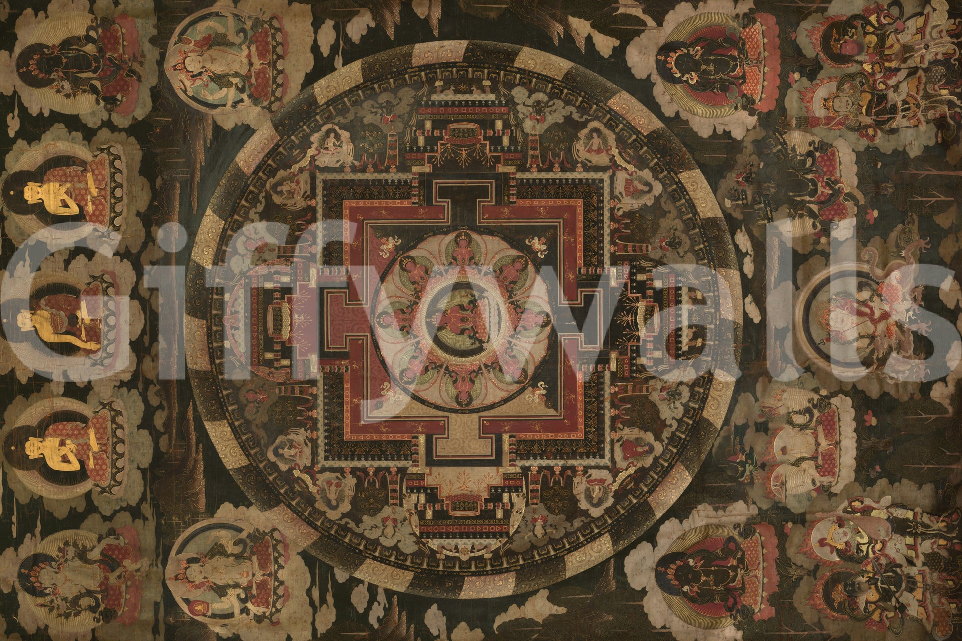 Tiny spiritual icons populate the outer of this premium Cosmic wall mural.