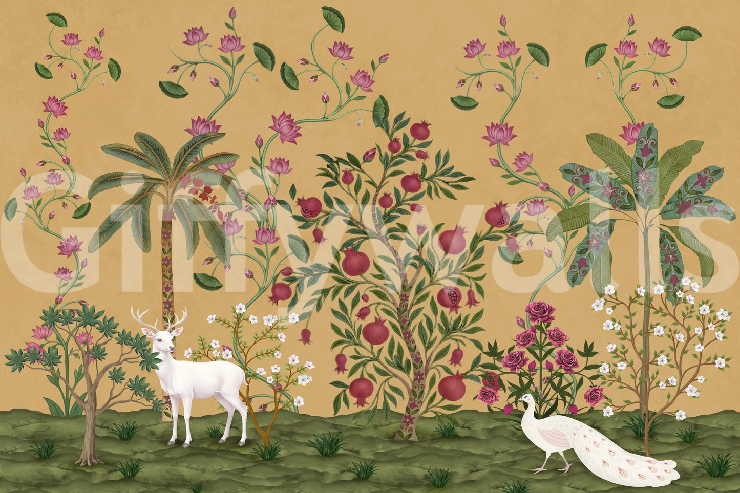 Rose clusters spread across the lower Mughal wall mural
