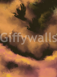 Watercolour skywork gives the Ethereal Flight wall mural its mystical mood