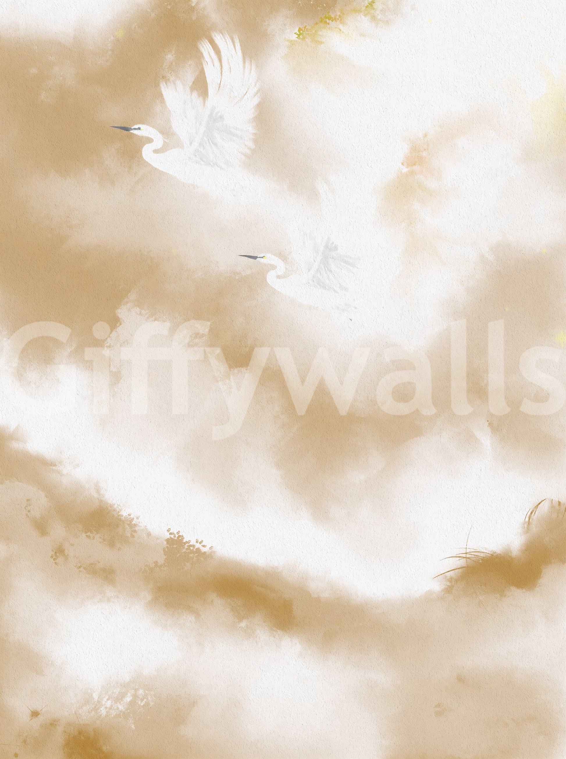 Two birds float over misty tan tones in the Flight of Serenity wall mural