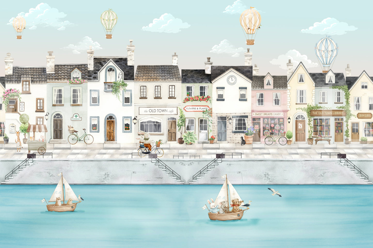 Clock tower and cafe front detail the Quaint Canal wall mural
