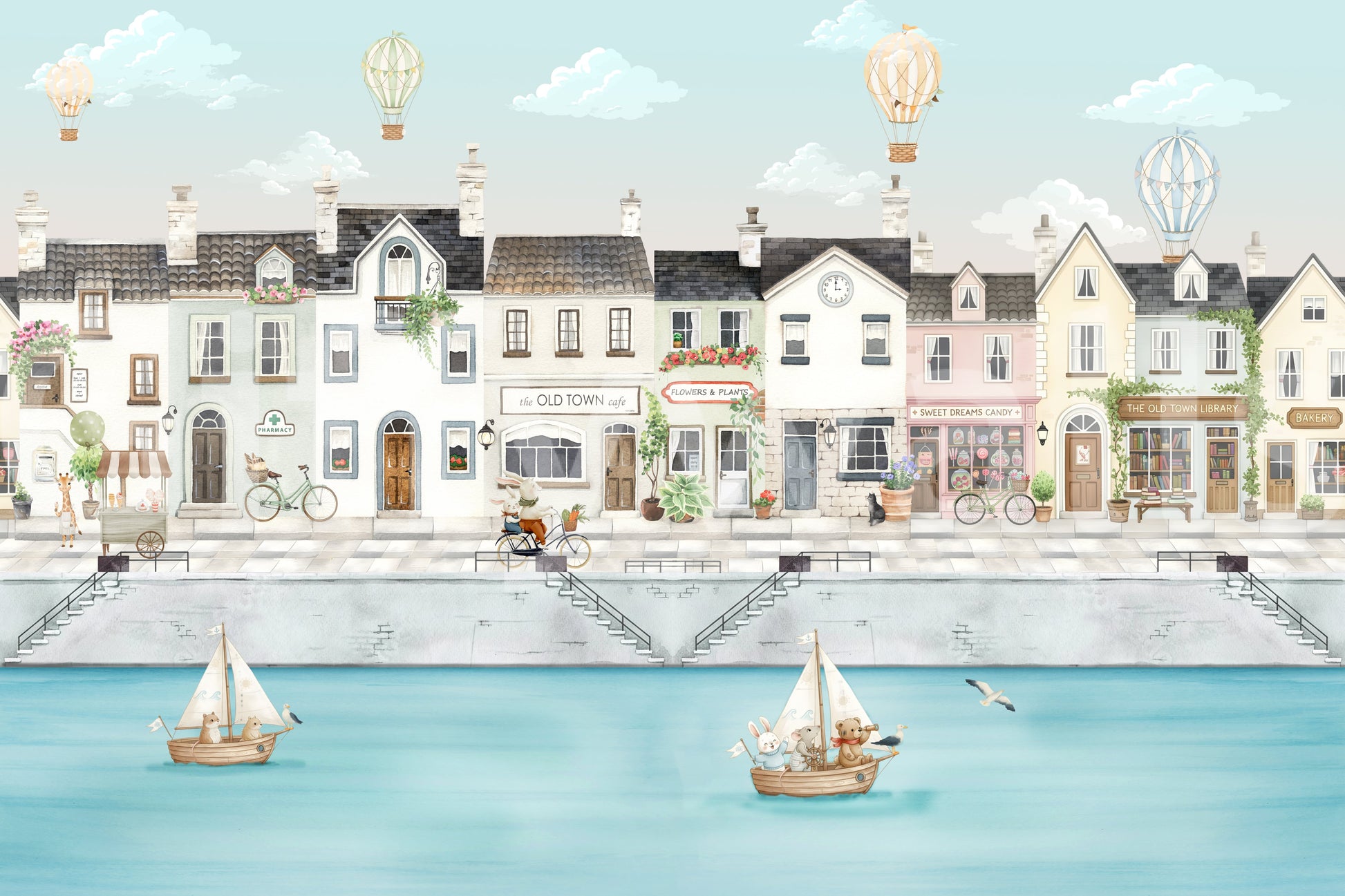Clock tower and cafe front detail the Quaint Canal wall mural

