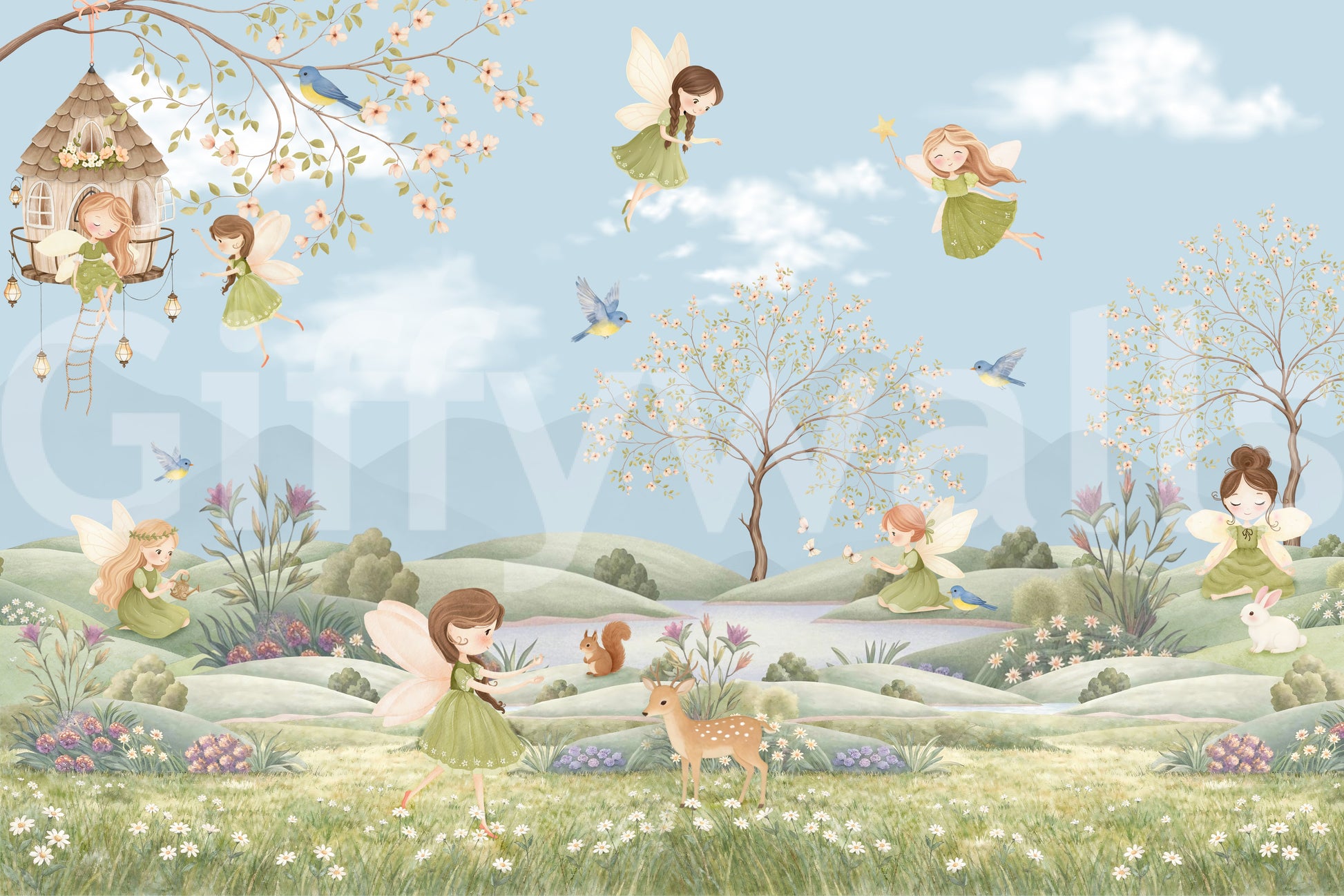 Pale blue sky and drifting clouds frame the Fairy  wall mural