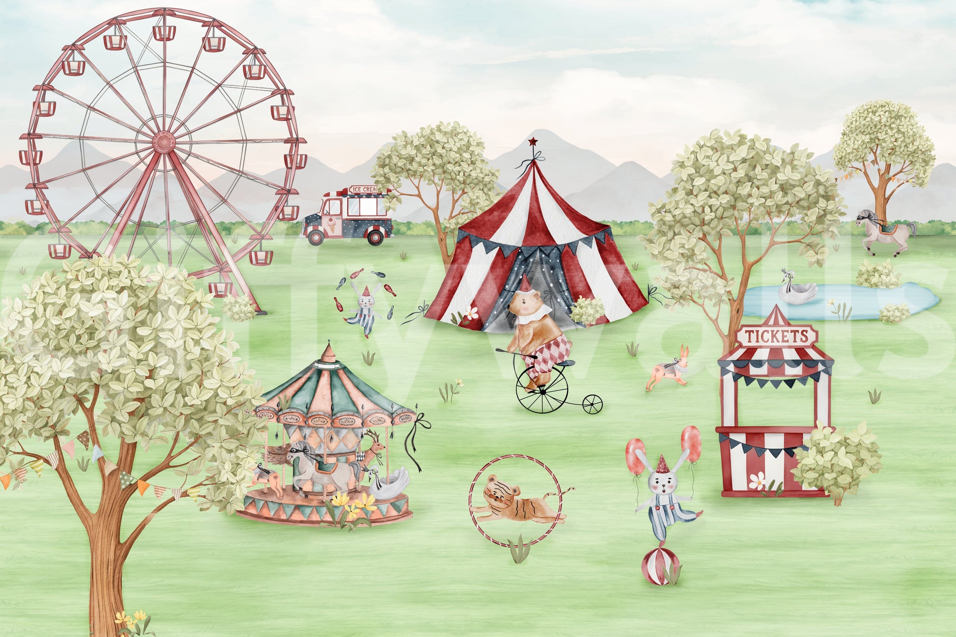 Pastel meadow wall mural a tiger leaping through a hoop