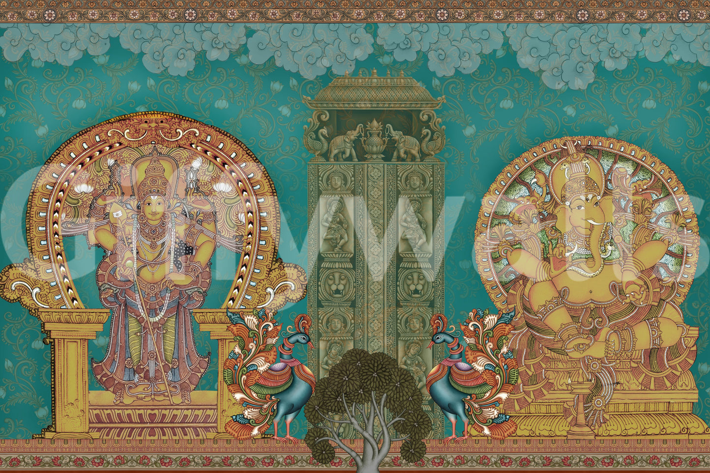 Ornate orange arches framing each seated figure on this temple wall mural