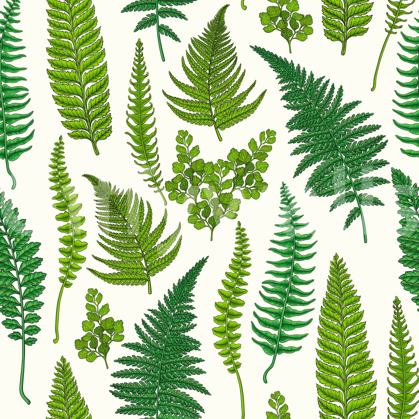 Rounded clover shapes fern fronds in this natural white wallpaper layout.