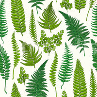 Rounded clover shapes fern fronds in this natural white wallpaper layout.