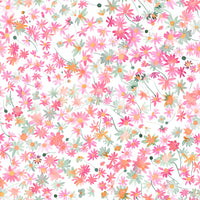 All-over flower repeat with green stems sits across the wallpaper
