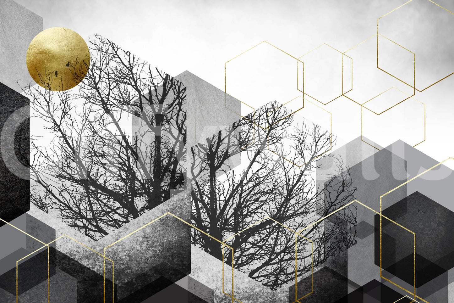 Monochrome blocks and fine branches shape the Gilded Geometry mural with urban depth