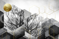 Monochrome blocks and fine branches shape the Gilded Geometry mural with urban depth