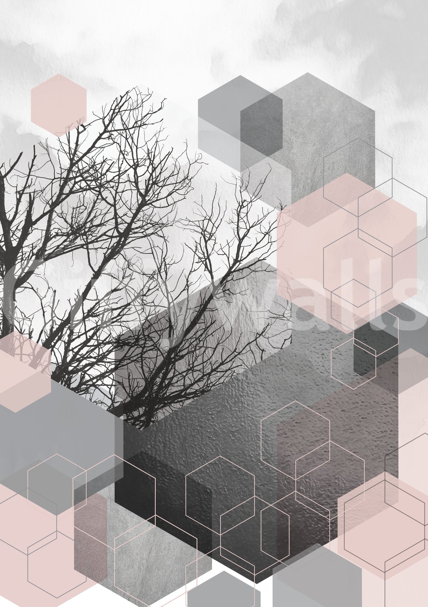 Blush Horizon mural showing modern forest imagery and structured abstract forms