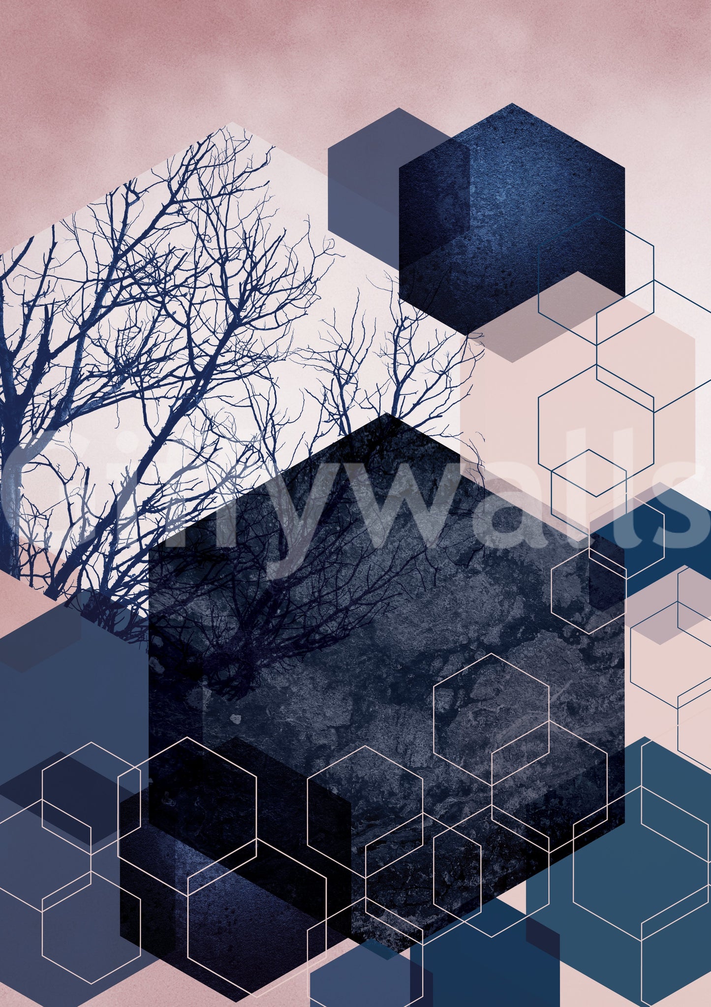 Geometric Grove: Midnight & Blush Wall Mural