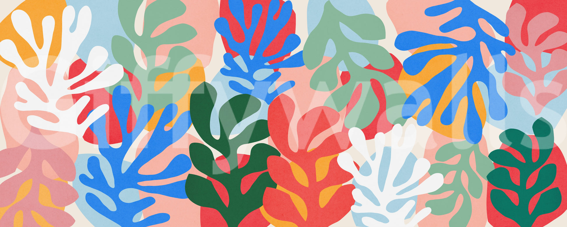 Vibrant Organic Forms mural with cheerful abstract leaves on a pale background