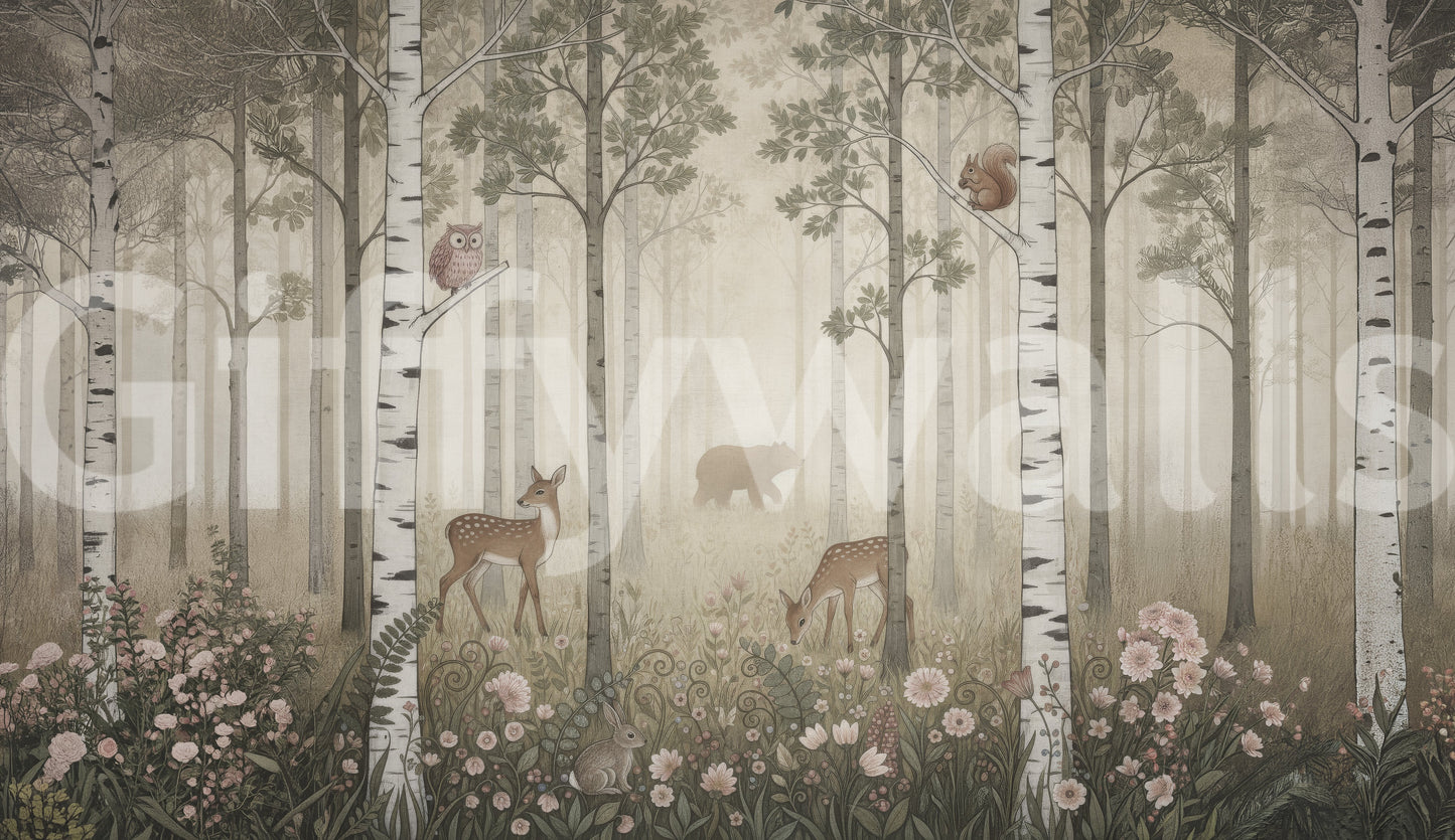 Forest Animals and Wildflowers – Misty Day Wall Mural