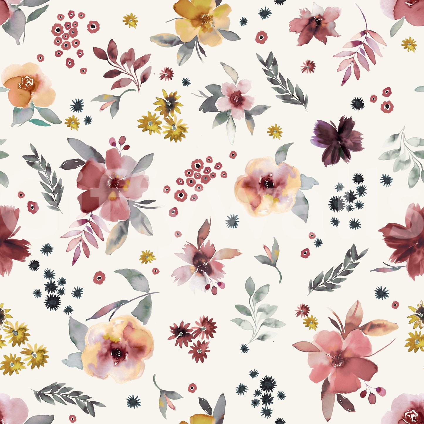 Petal shapes vary across the Floral Countryside wallpaper from full blooms to tiny buds.