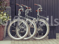 Retro bicycle wall mural with detailed urban street setting