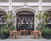 Urban cafe wall mural with welcoming cobblestone street view