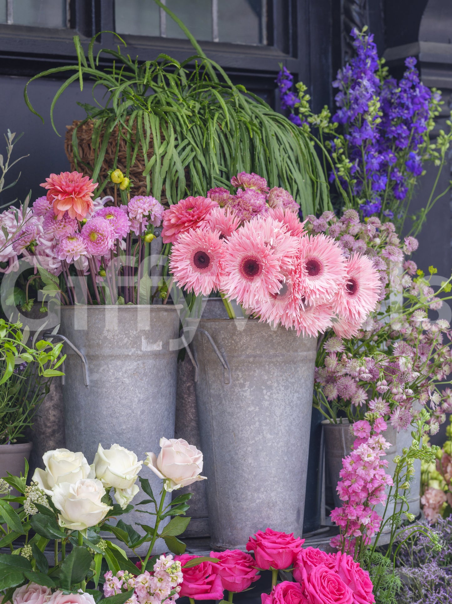 Botanical wall mural featuring vibrant flowers and market charm
