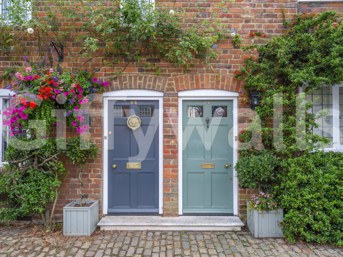 Floral streetside wall mural with charming architectural details