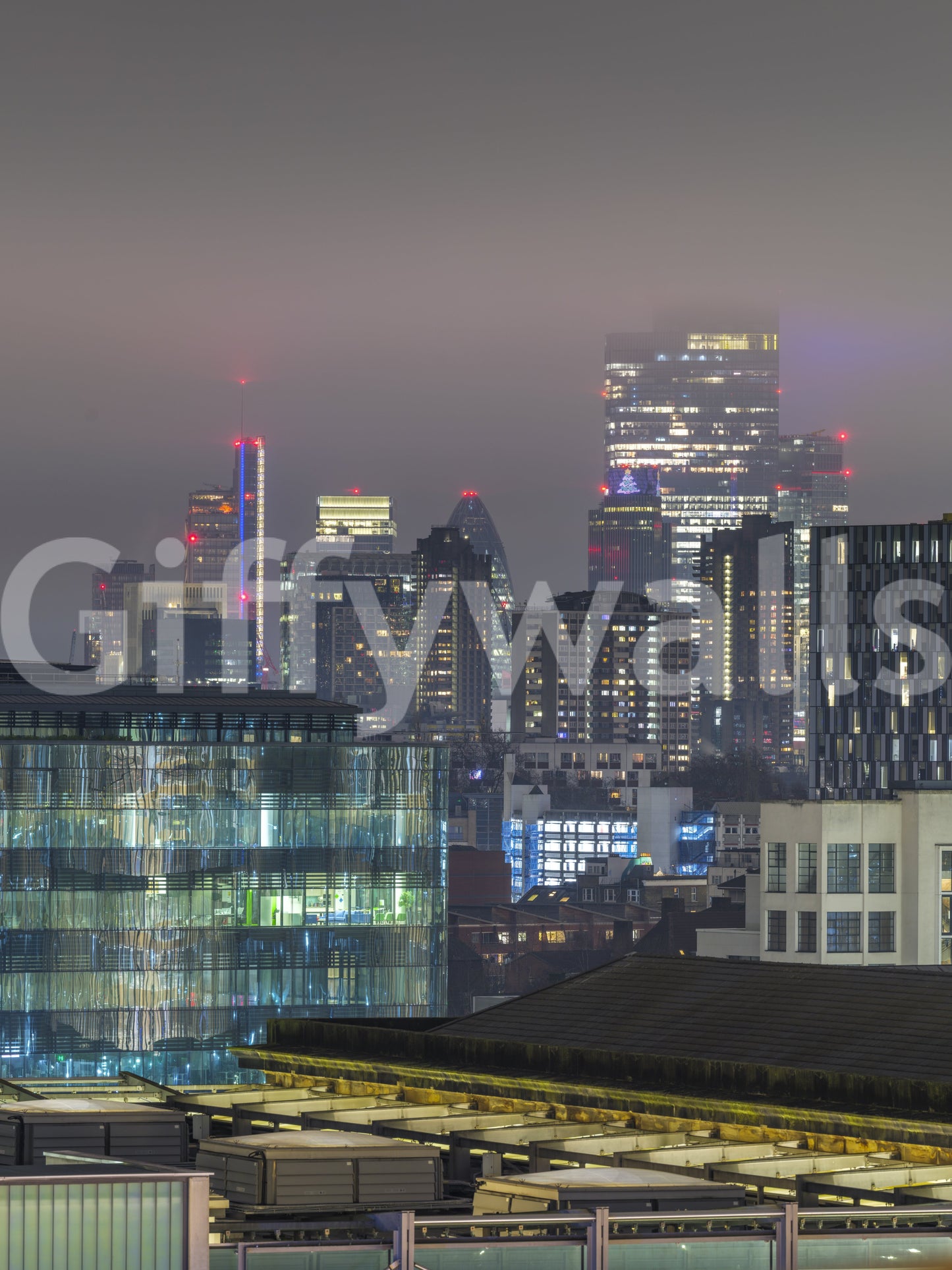 Metropolitan skyline wall mural featuring soft misty textures