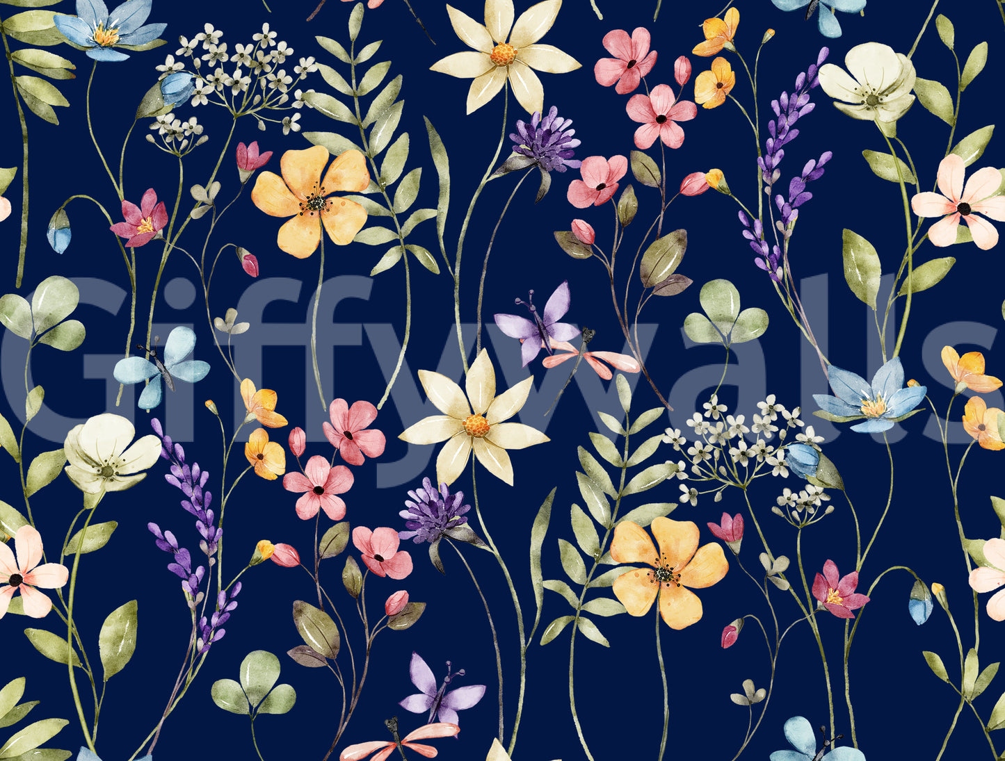 Garden floral wallpaper in deep blue with delicate stems and airy blooms