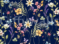 Garden floral wallpaper in deep blue with delicate stems and airy blooms