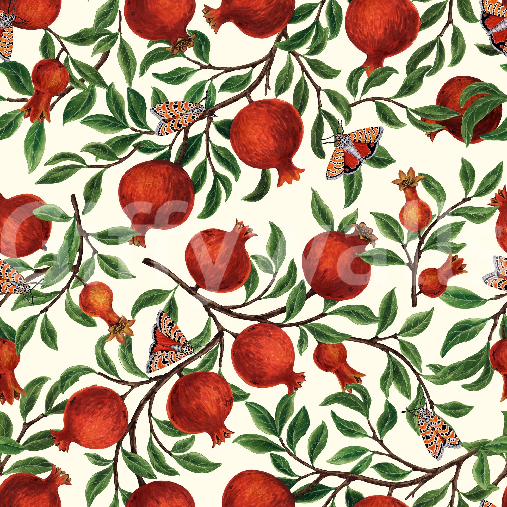 The cream backdrop pulls every motif of this Pomegranate Wallpaper into clear view.