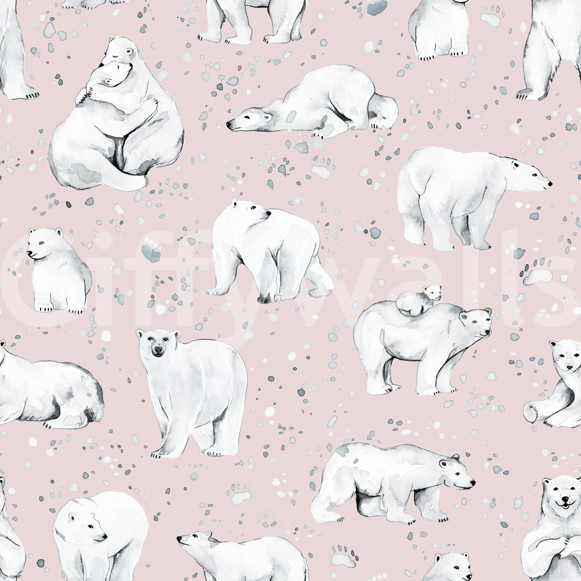 Mother bear with cub on back in Sweet Arctic Bears Dreams Pink wallpaper close view.