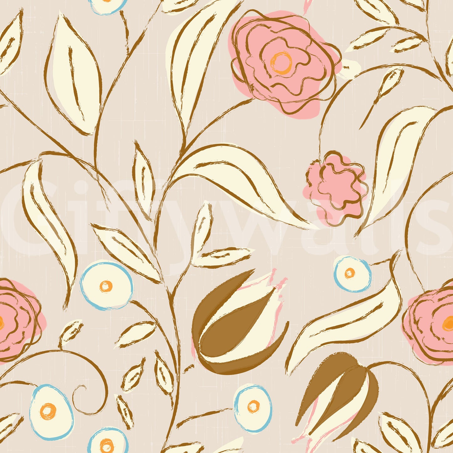 Beige Chintz Floral Wallpaper Vintage Botanical Wallpaper⁠