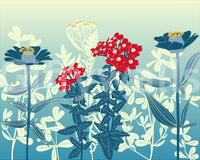 Crimson and Teal Retro Botanical Meadow Wall Mural