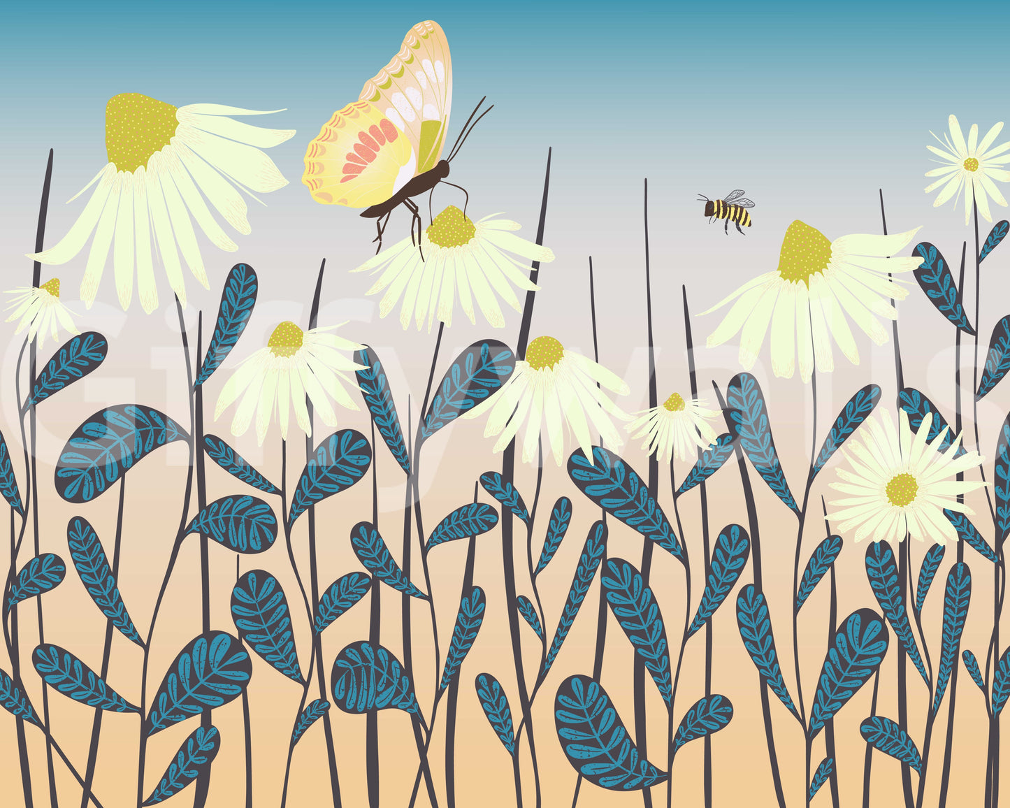 Sunny Day Daisy Garden Wall Mural Wall Mural