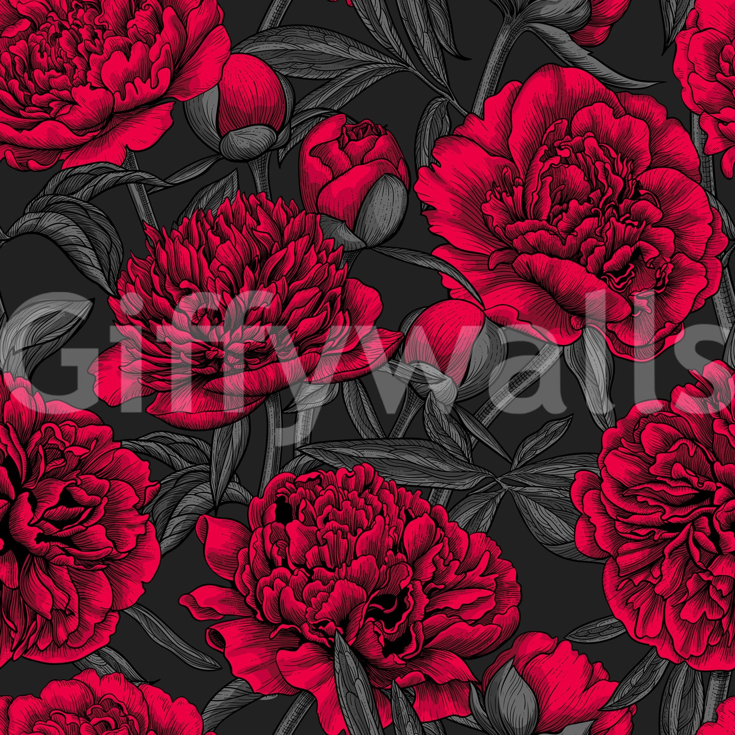 Midnight Crimson Peony Dark Floral Wallpaper Wallpaper⁠
