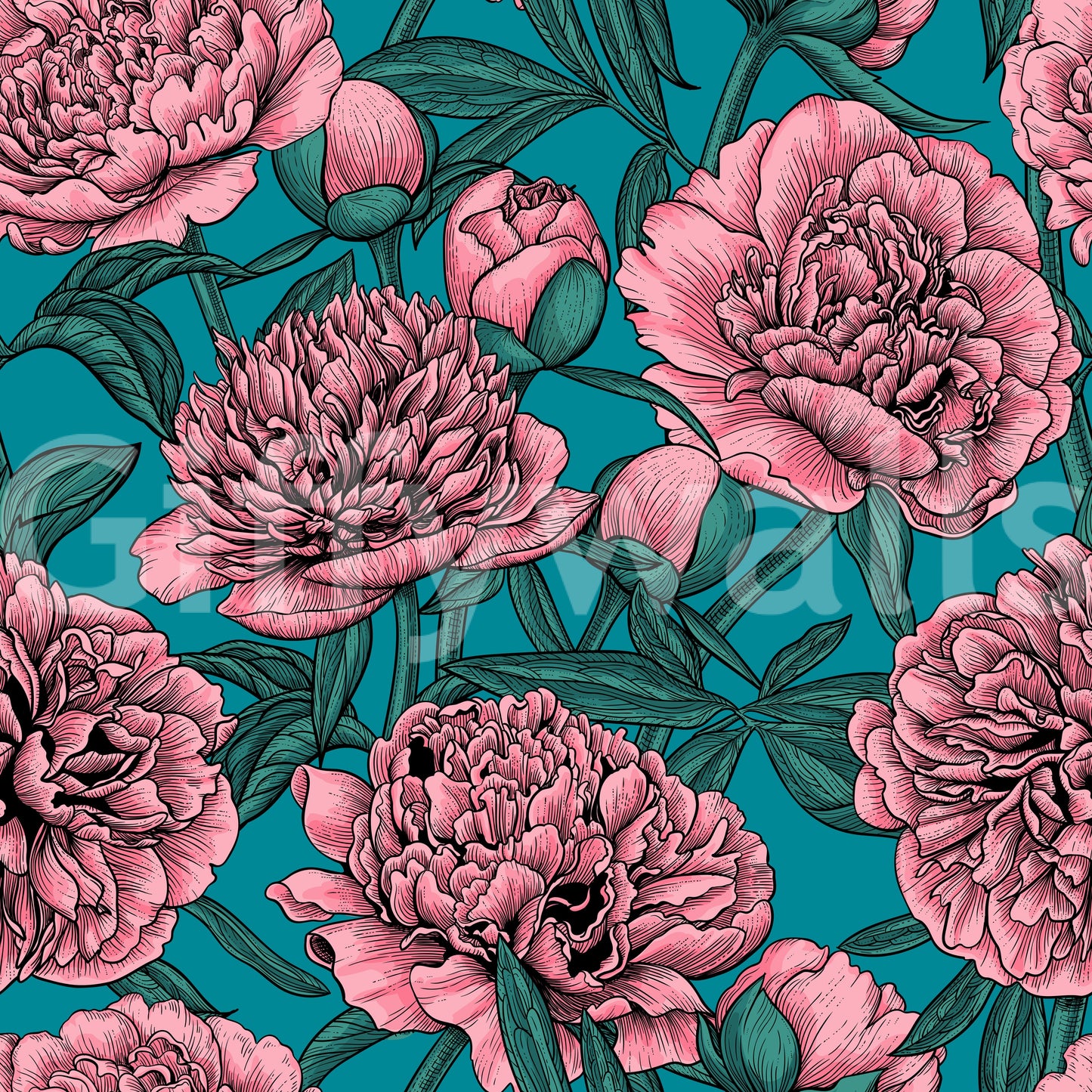 Romantic Teal Peony Botanical Wallpaper Wallpaper⁠