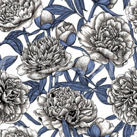 Vintage Blue and Cream Engraved Peonies Wallpaper Wallpaper⁠