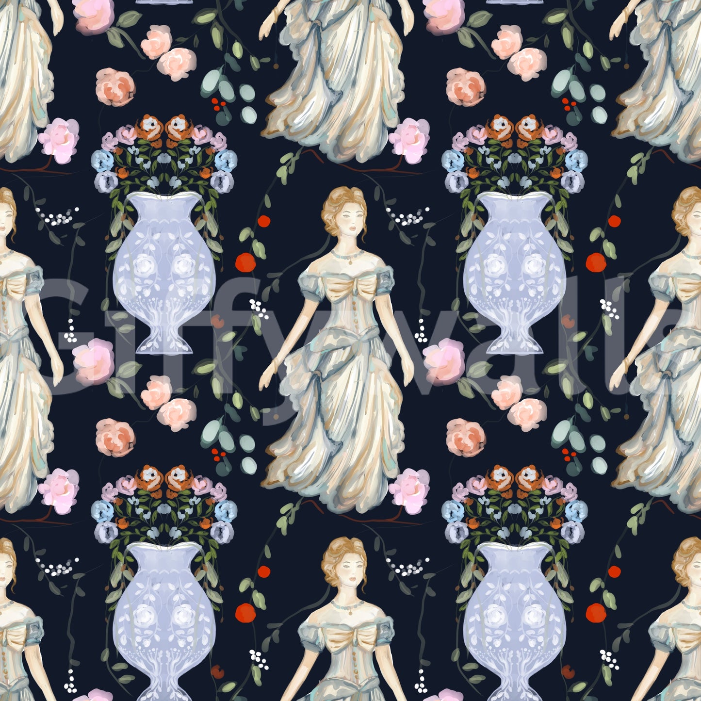 Vintage Elegance Renaissance Gown Floral Wallpaper