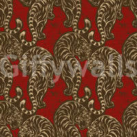 Heritage tiger motif builds a bold tone across this Imperial Crimson Stripes wallpaper.
