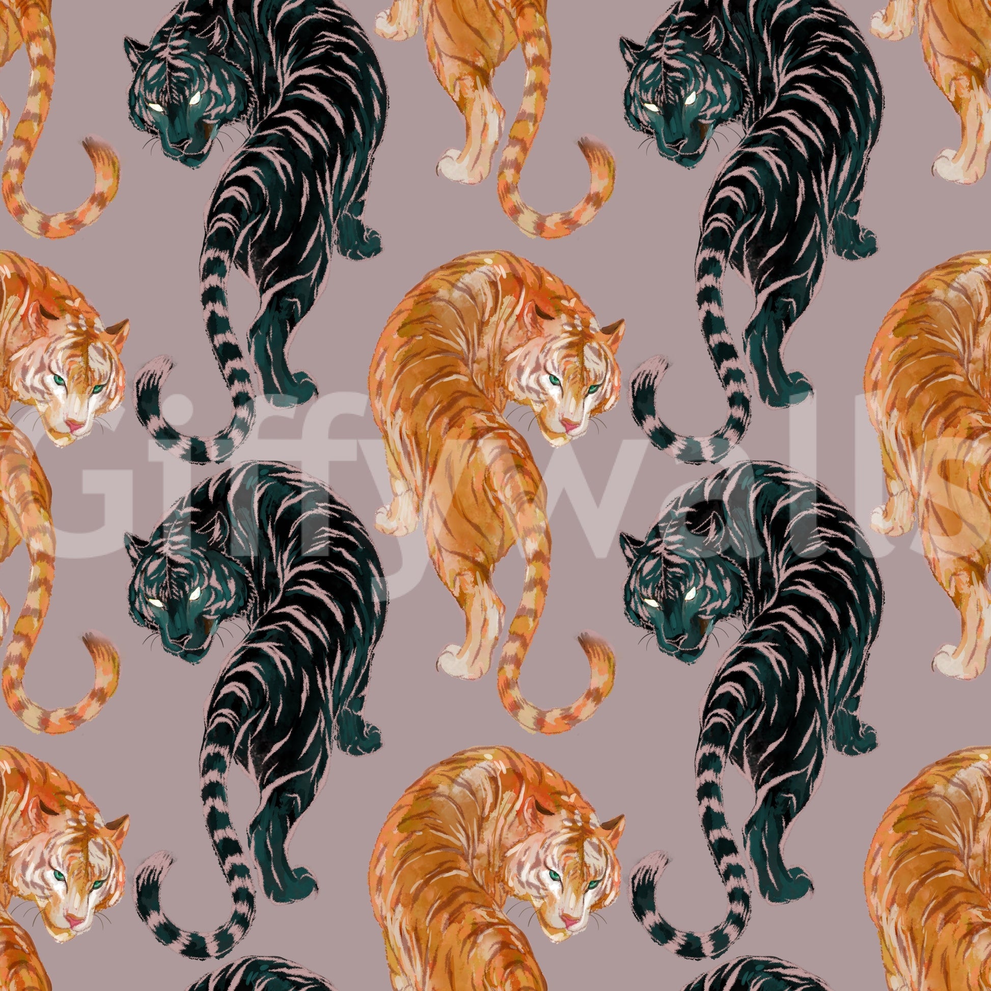 A mauve background lifts the bold Imperial Tiger wallpaper into a calm balance.