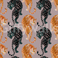 A mauve background lifts the bold Imperial Tiger wallpaper into a calm balance.