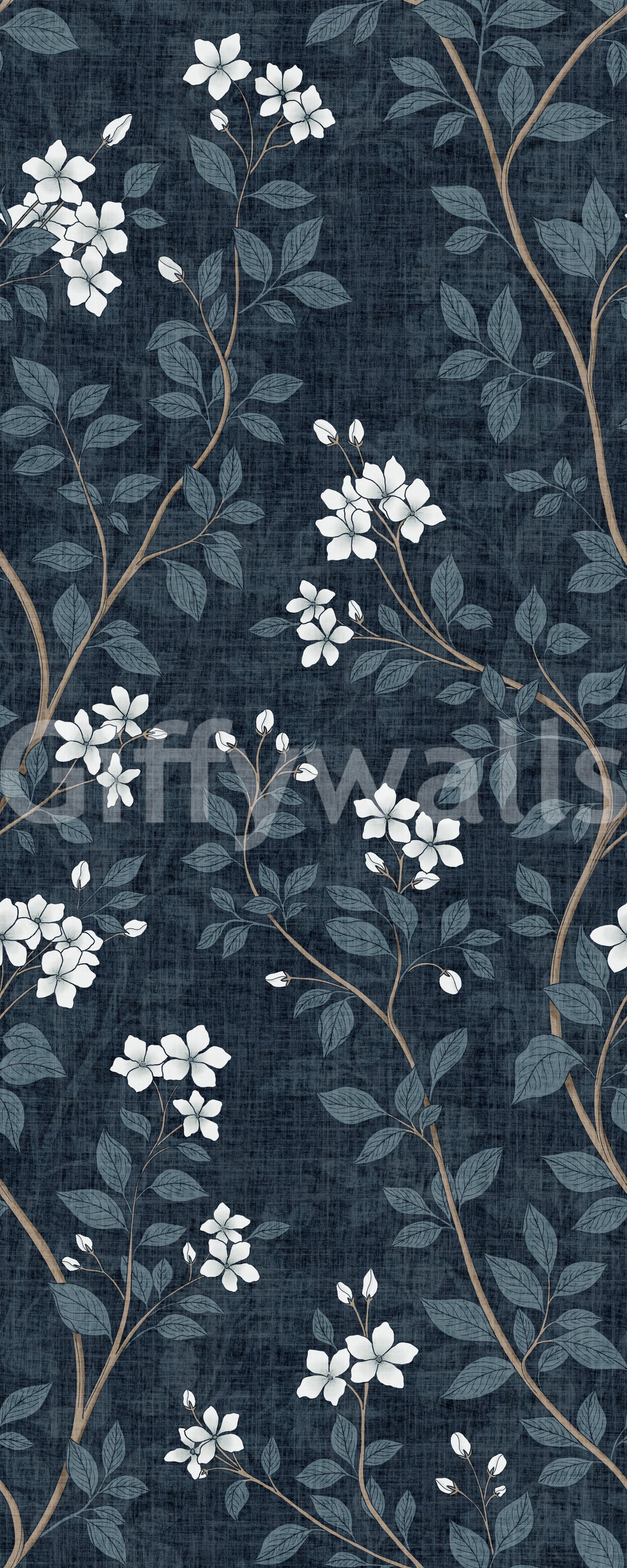 Elegant White Blooms on Indigo Linen Wallpaper⁠